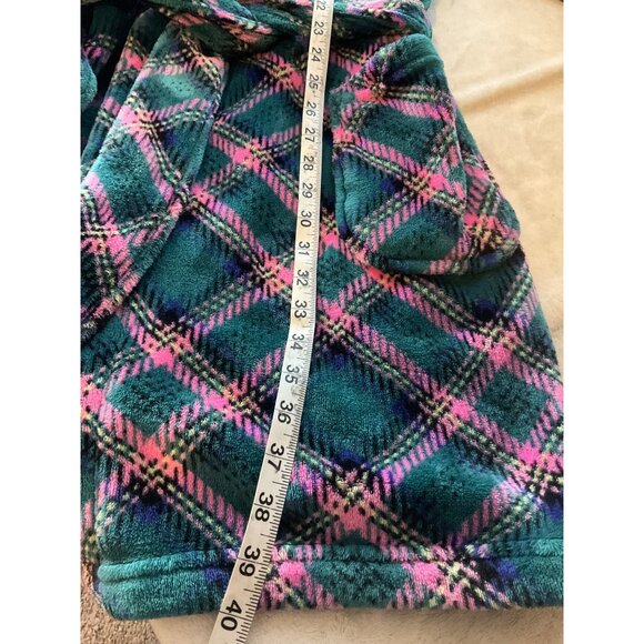 Victorias Secret Womens Sz Medium-large Plaid Fleece Robe Emerald Green Pink - Picture 6 of 10